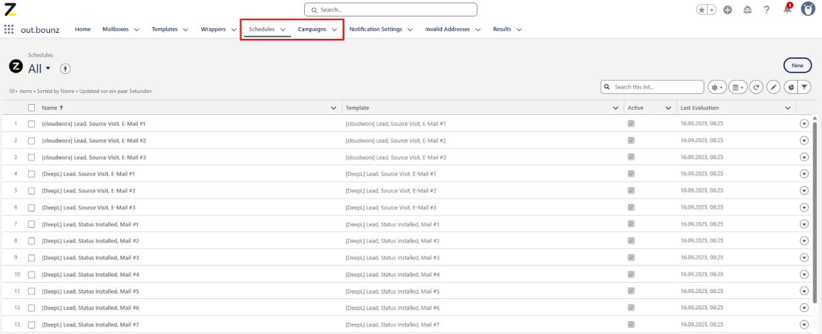 Screenshot von out.bounz-Oberfläche: Schedules und Campaigns