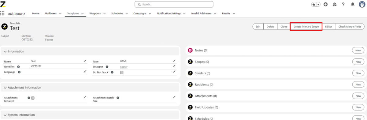 Screenshot in the out.bounz interface on a template with a red highlight around the “Create Primary Scope” button.
