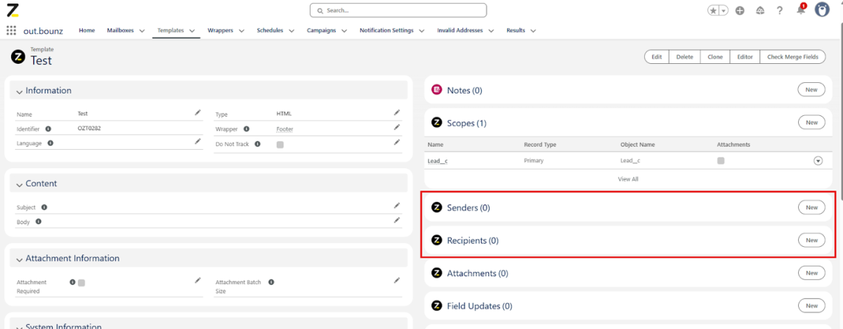 Screenshot of the out.bounz interface in a template with a red highlight around the “Senders” and “Recipients” tiles.