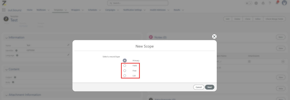 Screenshot of the out.bounz interface showing a window where you can create a new scope.