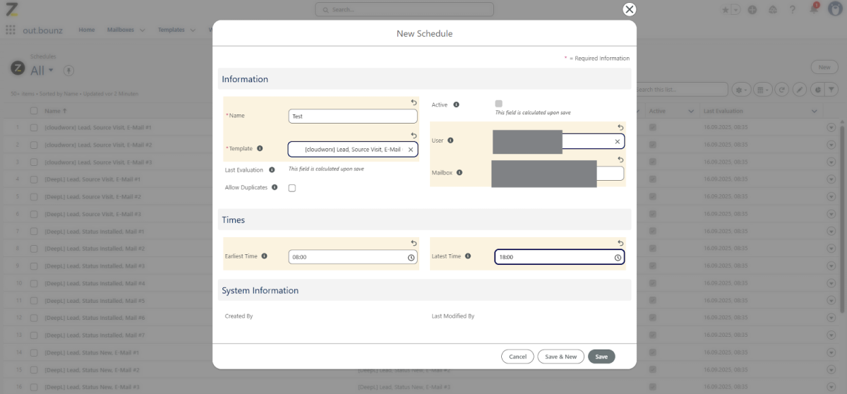 Screenshot von New Schedule Fenster