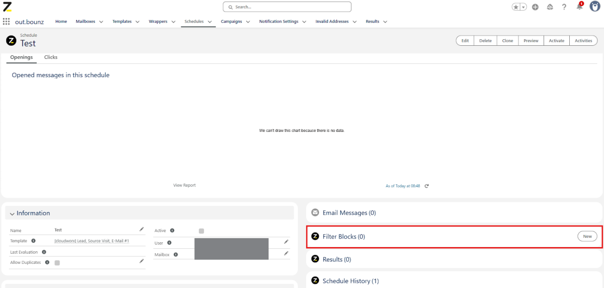 Screenshot: Neuer Filter erstellen für Schedule